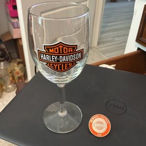 Vintage Harley-Davidson Orange and Silver commemorative pin and wine glass